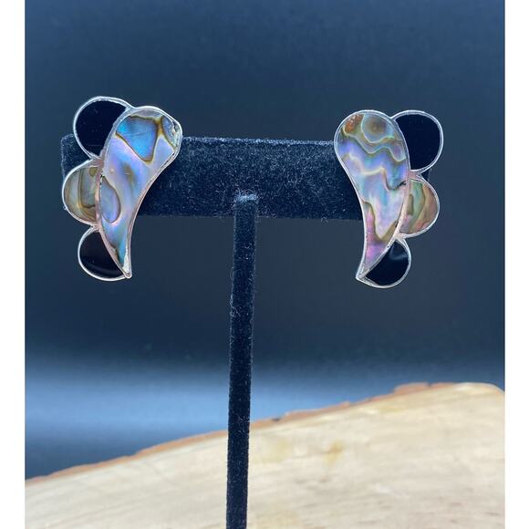 Vintage Abalone Sterling Silver‎ Black enamel screw back 
earrings. - Picture 1 of 6